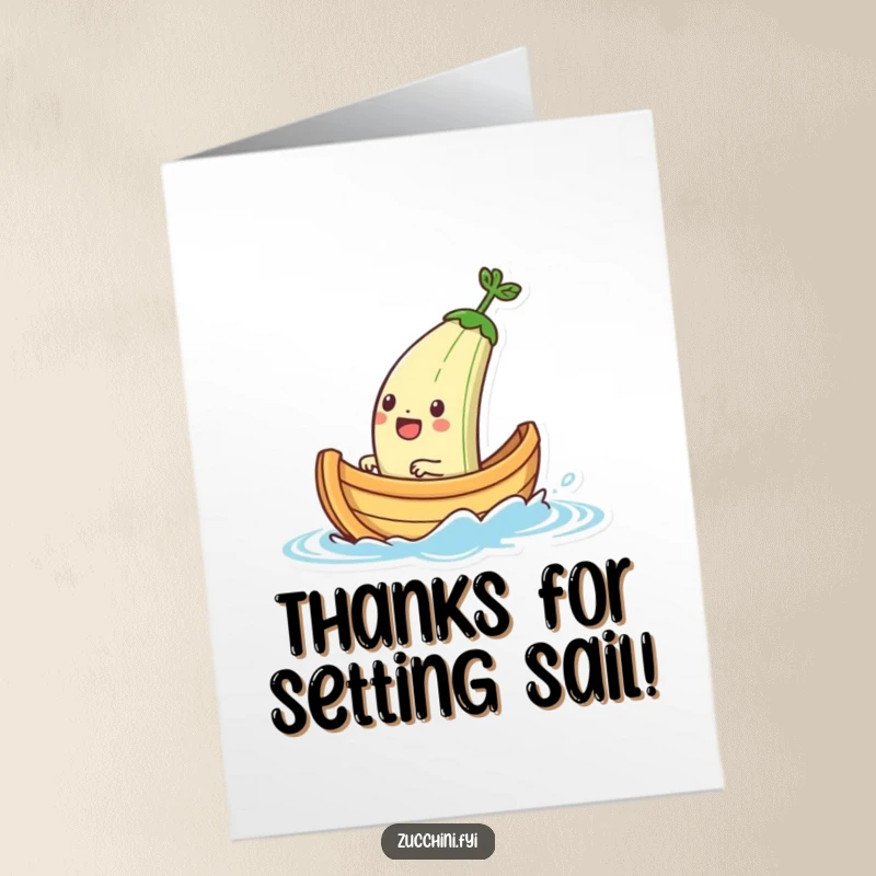 Funny Free Printable Thank You Card: Jubilant zucchini boat character sailing merrily on a small splash of water.