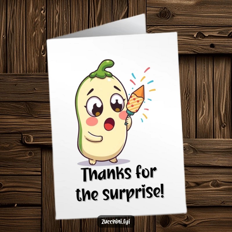 Funny Free Printable Thank You Card: A kawaii zucchini wide-eyed with a confetti popper, ready to surprise with thanks.