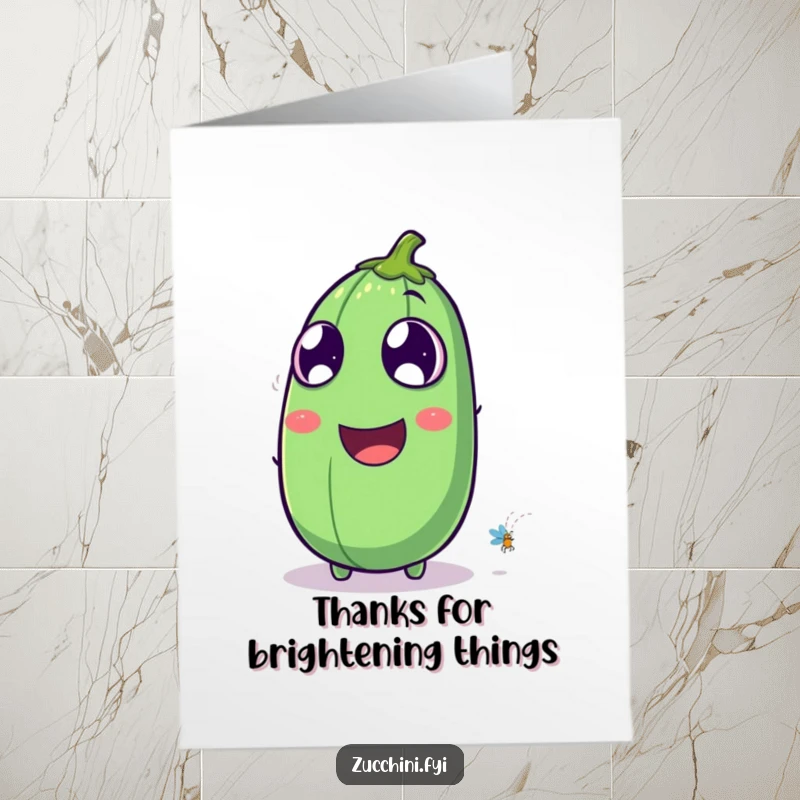 Funny Free Printable Thank You Card: Zucchini laughing hysterically at a tiny firefly, a hilarious downloadable to say thanks.