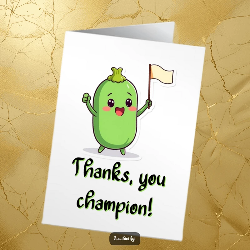 Funny free printable thank you card: a happy zucchini waves a small flag, conveying enthusiastic gratitude.