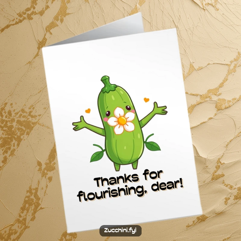 Funny Free Printable Thank You Card: A zucchini opens its arms to embrace a beautiful blooming flower, a tender thank you.