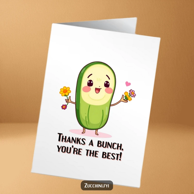 Funny Free Printable Thank You Card: Cheerful zucchini slice character juggling flowers, expressing thanks with a smile.