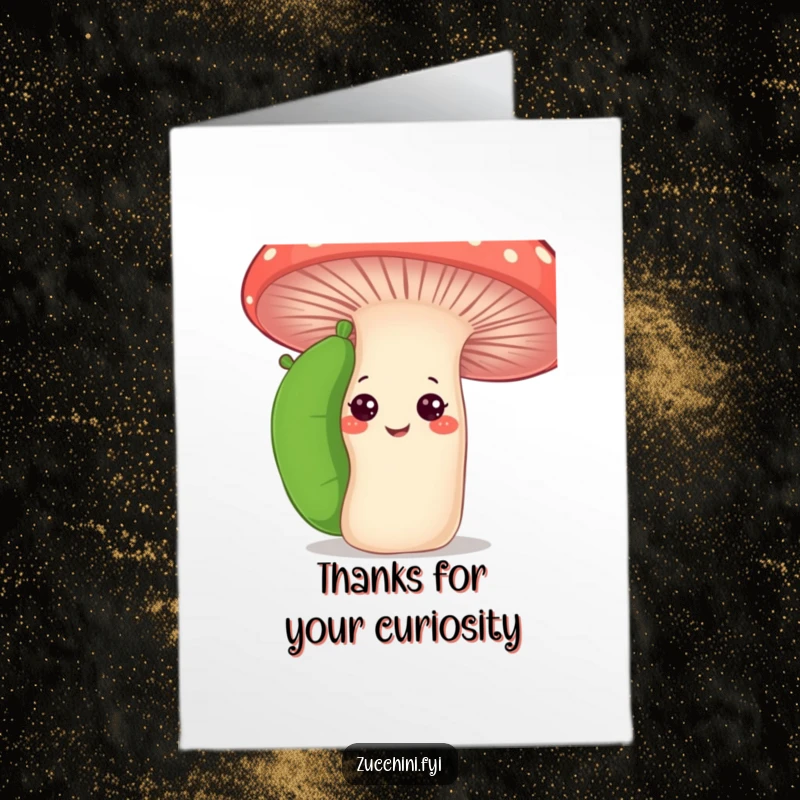 Funny Free Printable Thank You Card: Zucchini peeking with curiosity, mushroom smiling, a whimsical downloadable thank you.