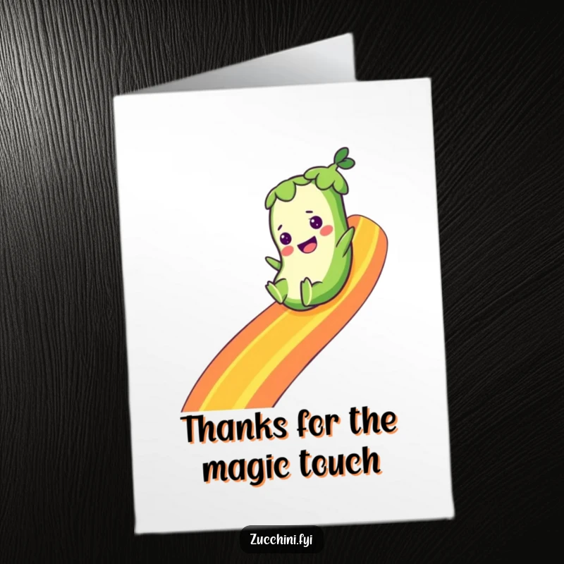 Funny free printable thank you card: a joyful zucchini slides down a rainbow, conveying magical appreciation.