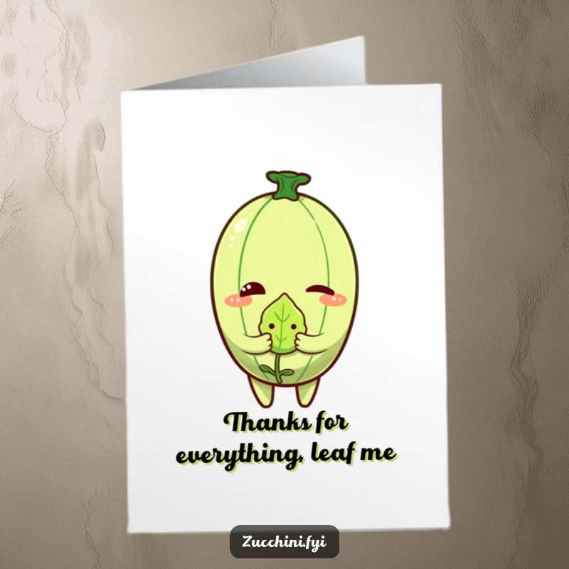Funny Free Printable Thank You Card featuring a zucchini winking while holding a small, shy leaf
