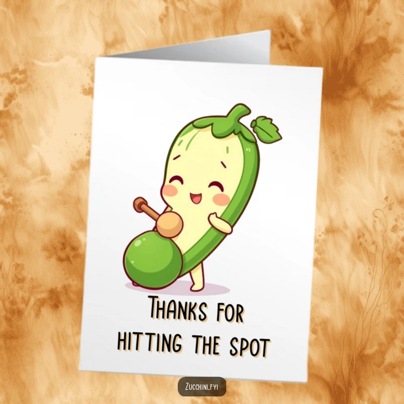 Funny Free Printable Thank You Card of a zucchini character playfully bopping a tiny zucchini with a small mallet