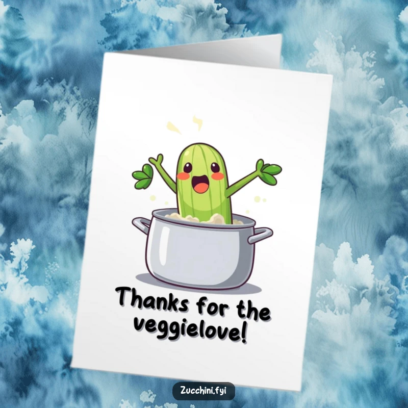 Funny Free Printable thank you card showing an excited zucchini jumping into a pot with a splash, expressing gratitude.