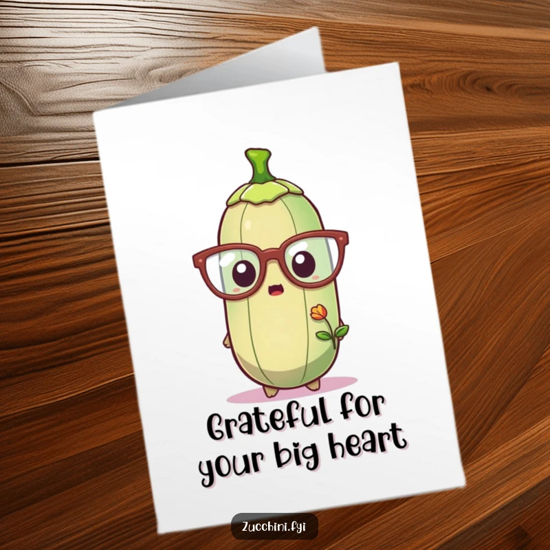 Funny free printable thank you card: a zucchini in huge glasses is comically surprised by a minuscule sprout.