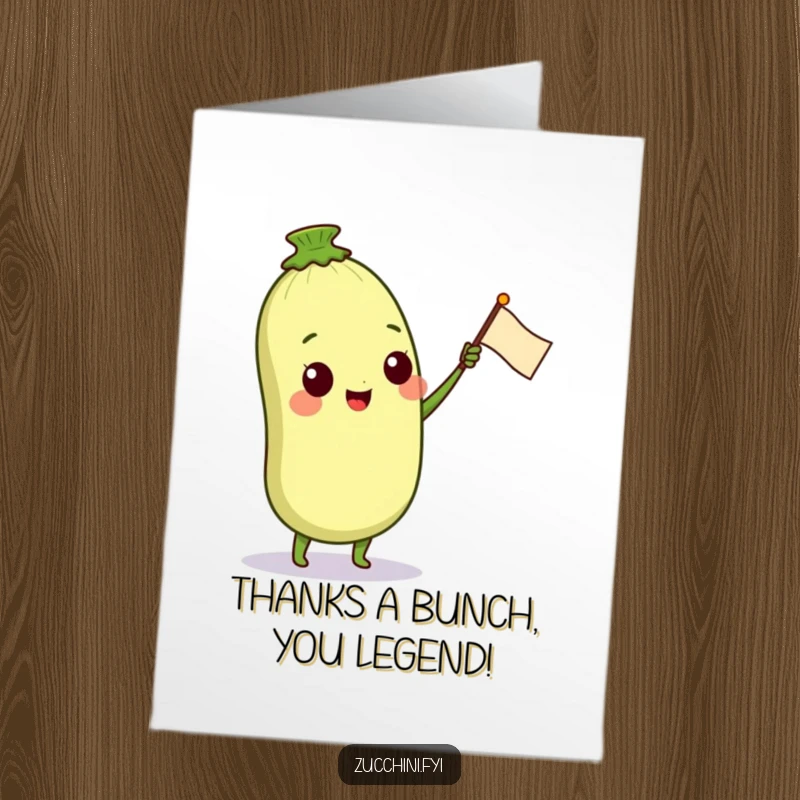 Funny Free Printable Thank You Card: A happy zucchini character proudly waves a small petal flag, expressing sincere thanks with veggie charm.
