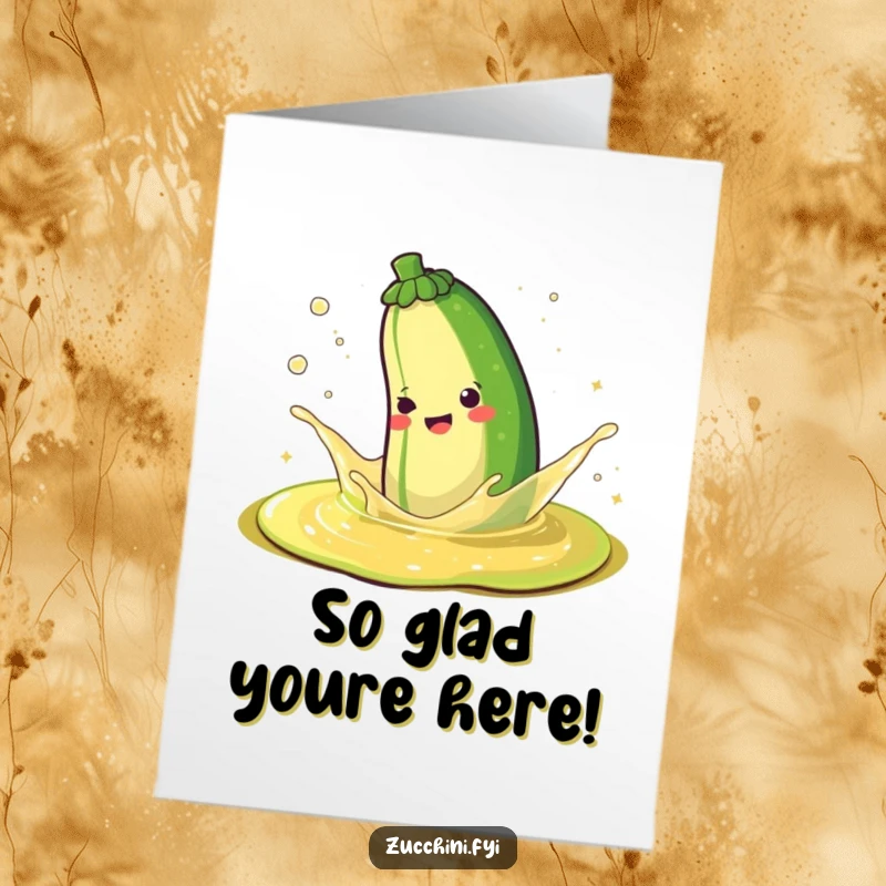 Free printable thank you card showing a gleeful zucchini making a splash in a puddle of bubbly, sparkling juice.