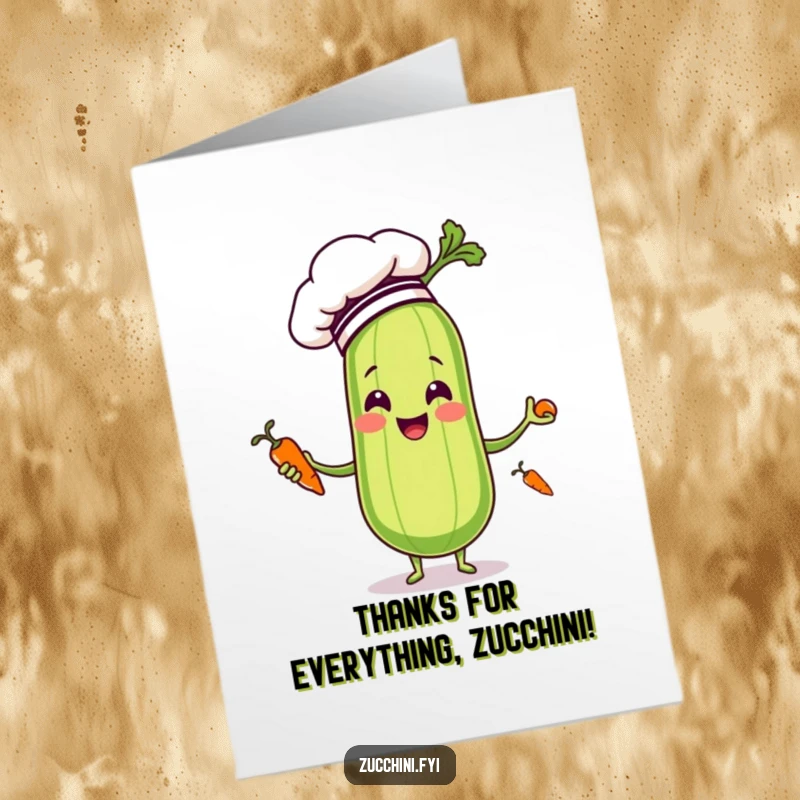 Funny Free Printable Thank You Card: Zucchini Chef Happily Juggling Carrots, Expressing Humorous Gratitude