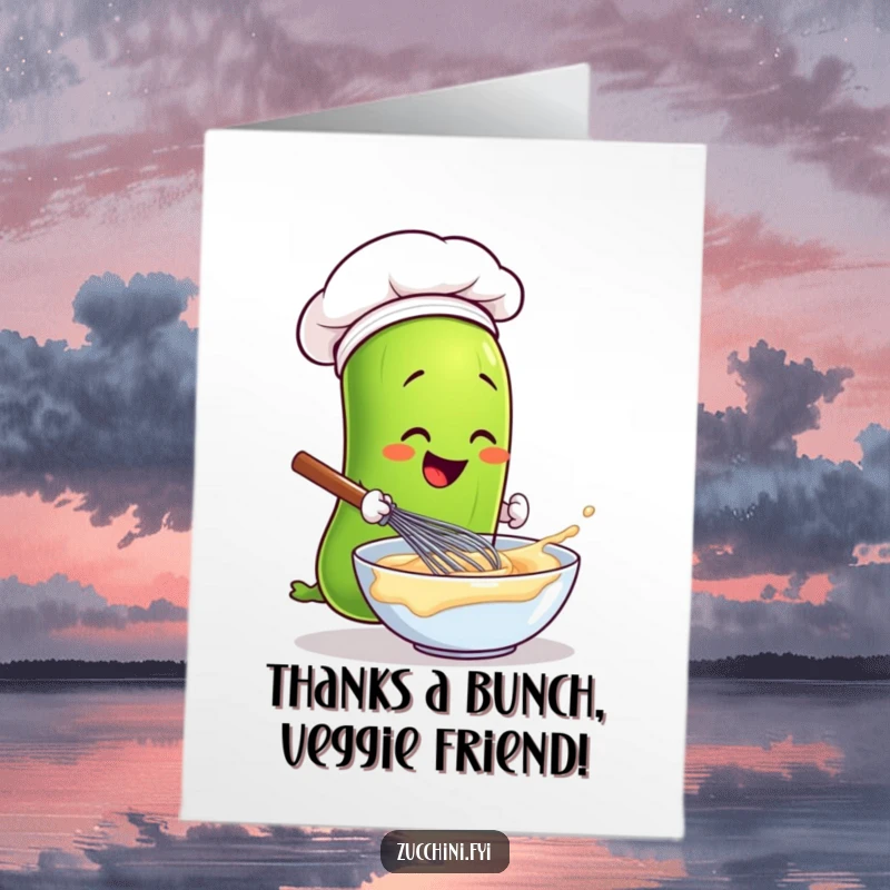 Funny Free Printable thank you card with a cheerful chef zucchini stirring batter, expressing thanks with kitchen flair.