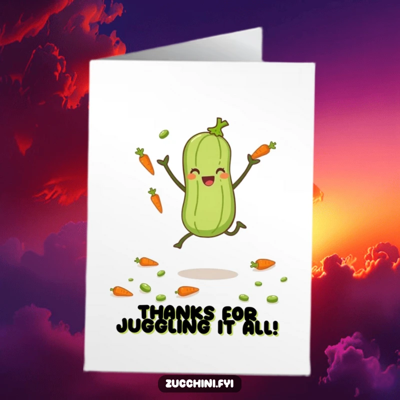Funny Free Printable thank you card: a zucchini with legs juggles carrots and peas, expressing thanks in a lively way.
