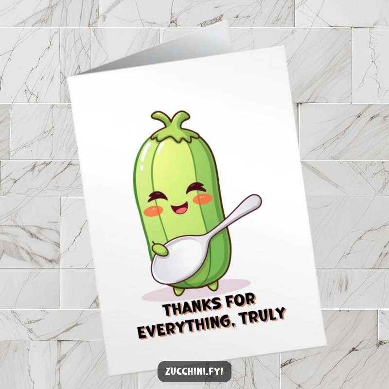 Funny Free Printable Zucchini Thank You Card with a winking zucchini and big spoon, conveying thanks with veggie humor.