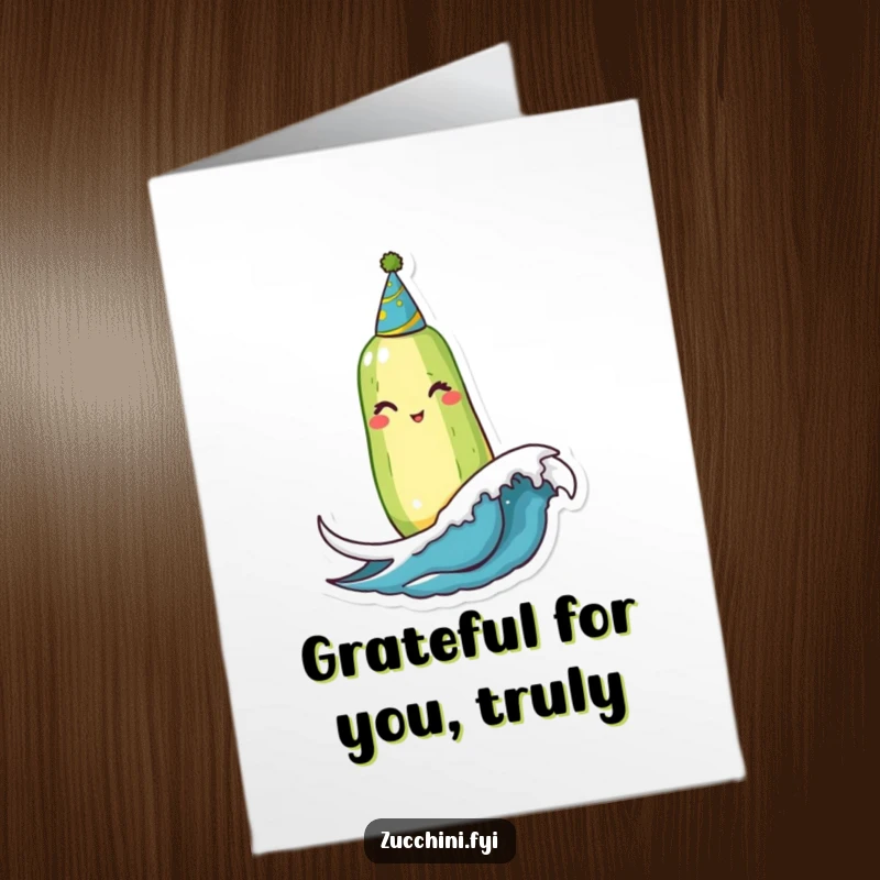 Funny free printable thank you card: Winking zucchini in a party hat bobs on a tiny wave, expressing thanks with a smile.
