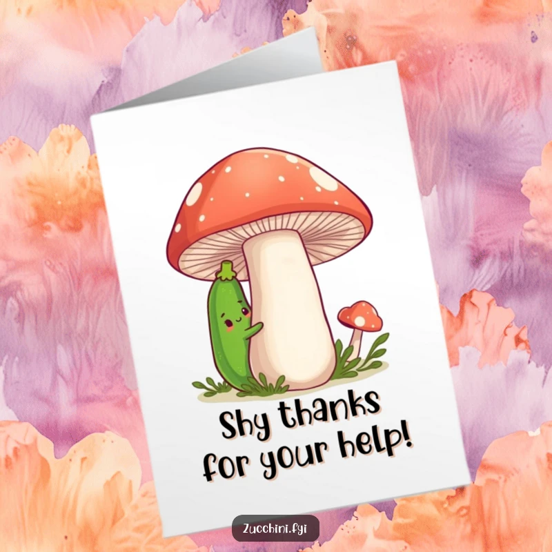 Funny Free Printable Thank You Card with a shy zucchini peeking from behind a mushroom, conveying gentle appreciation.