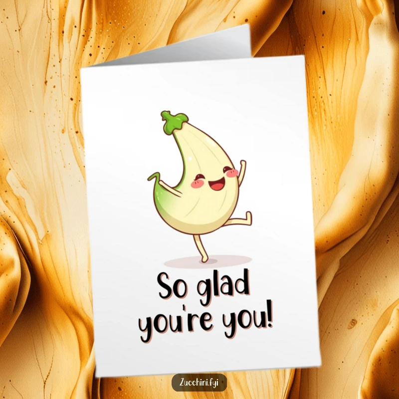 Funny Free Printable Thank You Card: A grinning zucchini mid-cartwheel shows appreciation with lively humor.