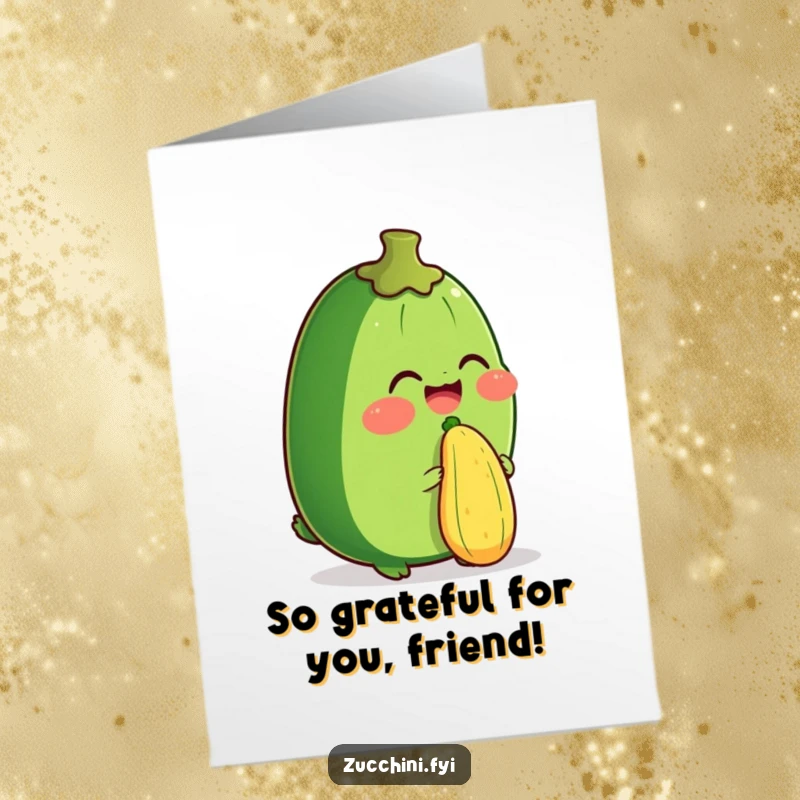 Funny Free Printable Thank You Card: Giggling Zucchini character demonstrates impressive skill balancing a miniature zucchini on its nose.