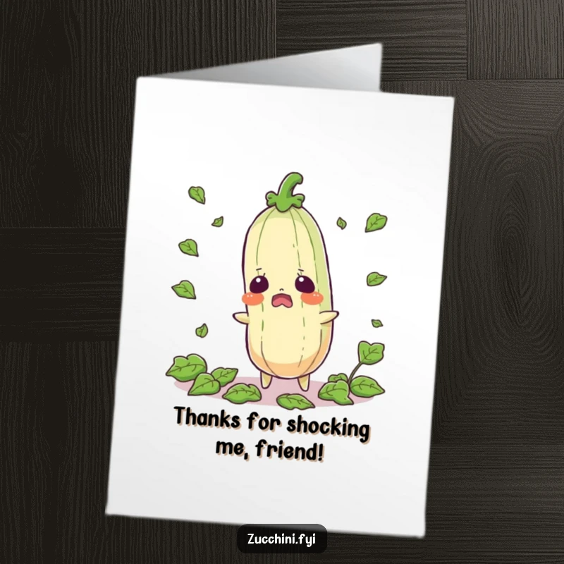Funny Free Printable Startled Zucchini Thank You Card, with leaves scattering in surprise, a humorous way to say thanks.