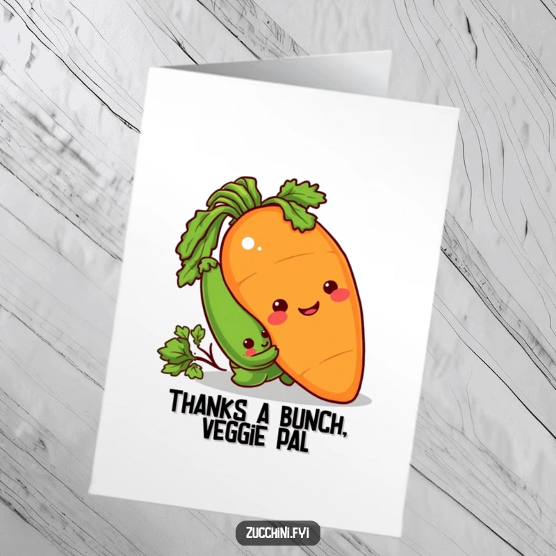 Funny Free Printable Thank You Card: Sneaky zucchini peeking out from behind a smiling carrot. A humorous and endearing thank you.