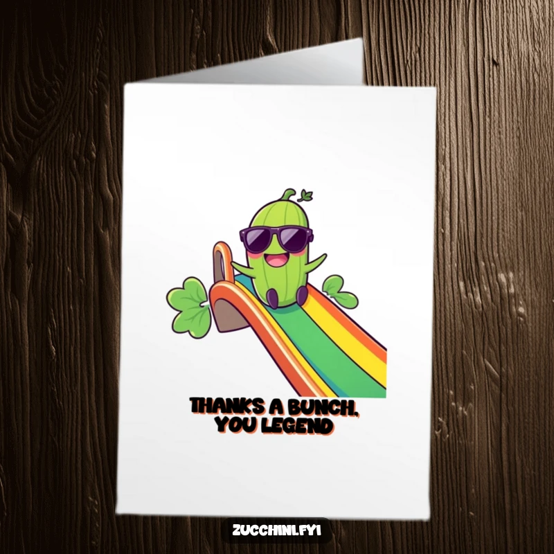 Funny free printable thank you card: Giggling zucchini wearing sunglasses zooms down a rainbow slide, sending thanks with style.