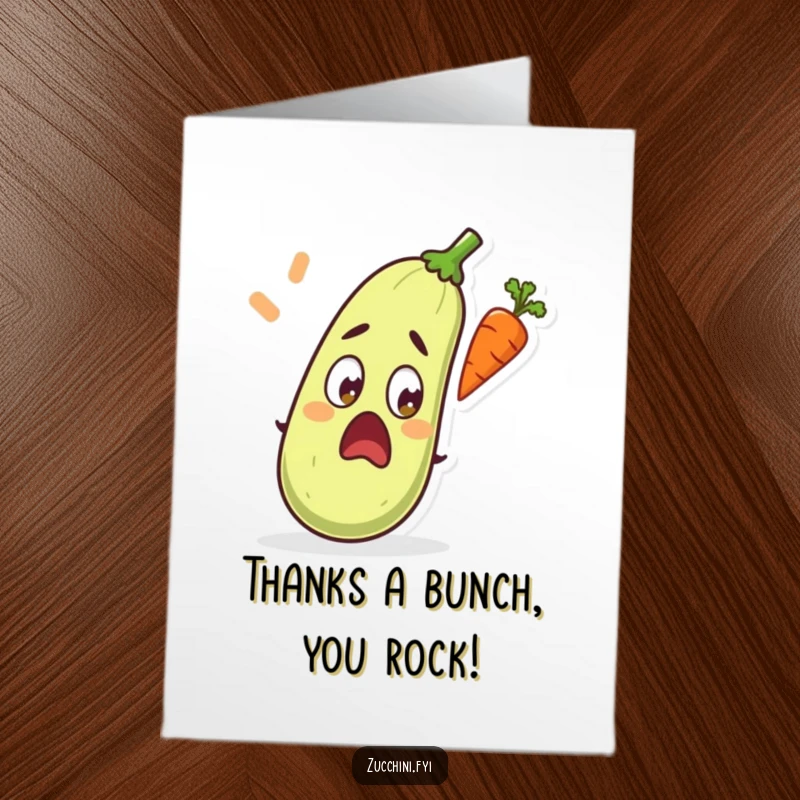 Funny Free Printable Thank You Card: A wide-eyed zucchini is stunned by a carrot taking flight, a unique expression of thanks.