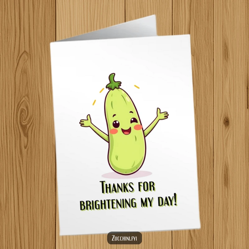 Funny Free Printable Thank You Card: Smiling Zucchini Embracing a Falling Sunbeam as a Token of Thanks