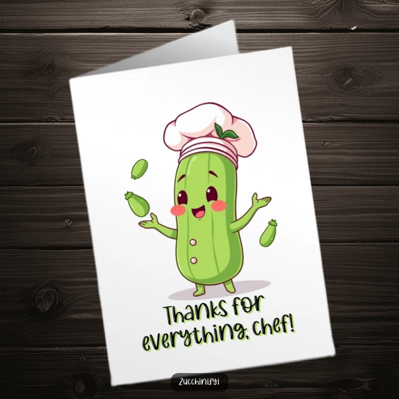 Funny free printable thank you card: a happy zucchini chef is expertly juggling small zucchinis with a smile.