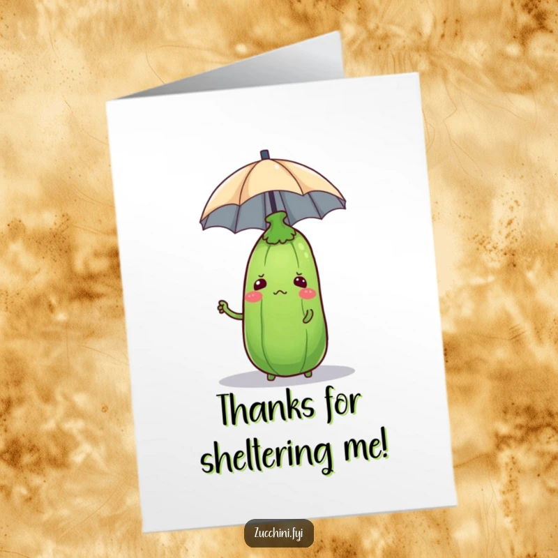 Funny Free Printable Thank You Card: Zucchini Looking Confused While Balancing a Tiny Umbrella, Humorous Gratitude Expressed