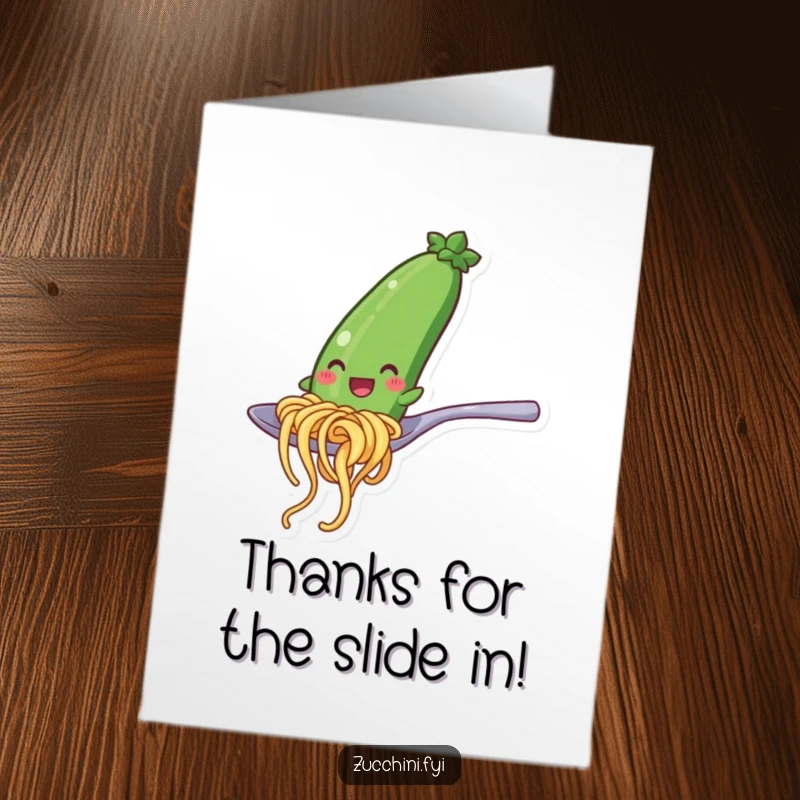 Funny Free Printable Thank You Card: Joyful zucchini noodle character smoothly sliding down a spoon, sending thanks.