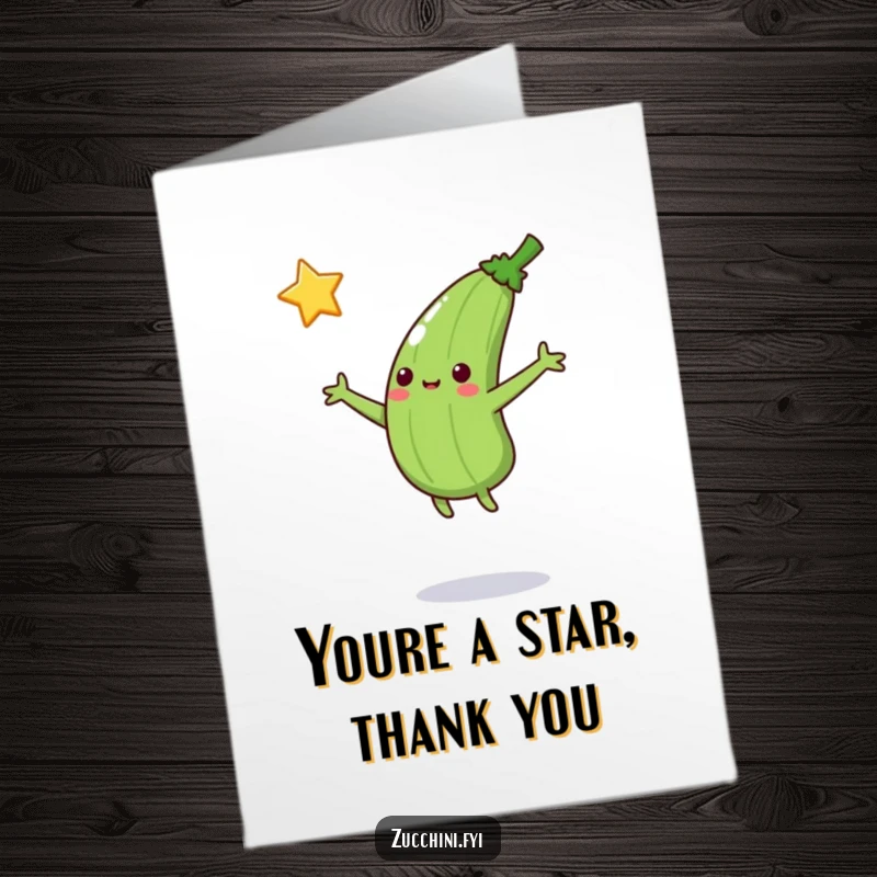 Funny free printable thank you card: Jumping zucchini with arms outstretched catches a falling star, sending heartfelt thanks.