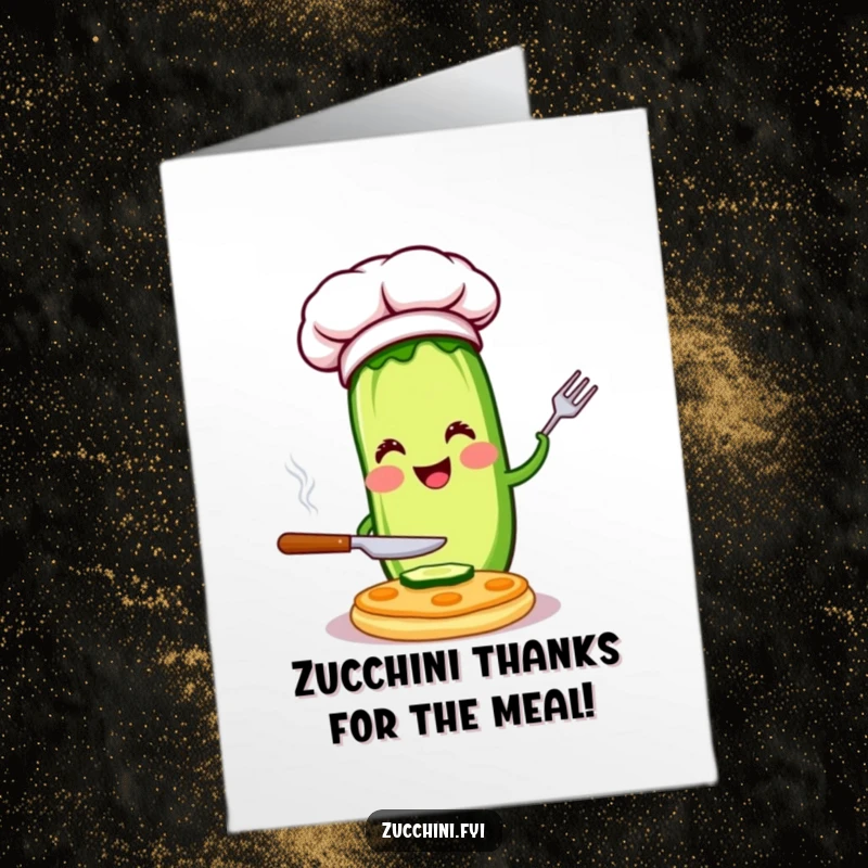 Funny Free Printable Zucchini Chef Thank You Card: Zucchini chef flipping pancake, a tasty and downloadable way to say thanks.