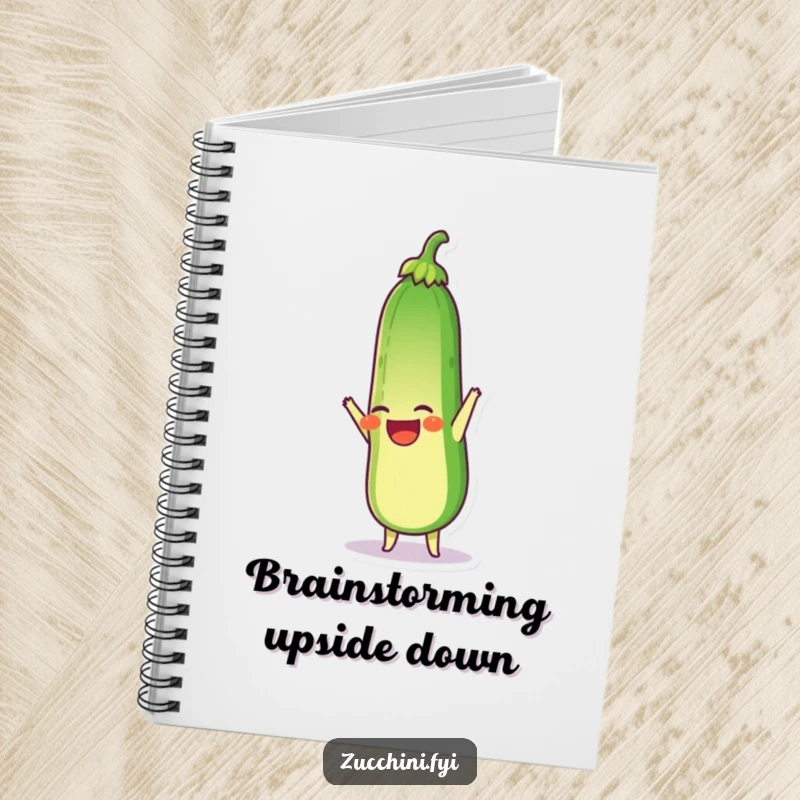 Funny notebook with a laughing zucchini doing a handstand, perfect for jotting down ideas with humorous flair.