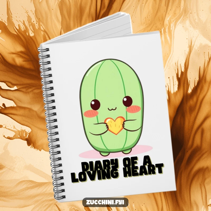 Funny zucchini notebook with a blushing zucchini character offering a small, glowing heart, perfect for jotting down sweet and humorous notes.