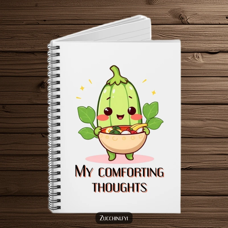 Funny cheerful zucchini notebook featuring a smiling vegetable offering a steaming bowl, ideal for jotting down kind thoughts.