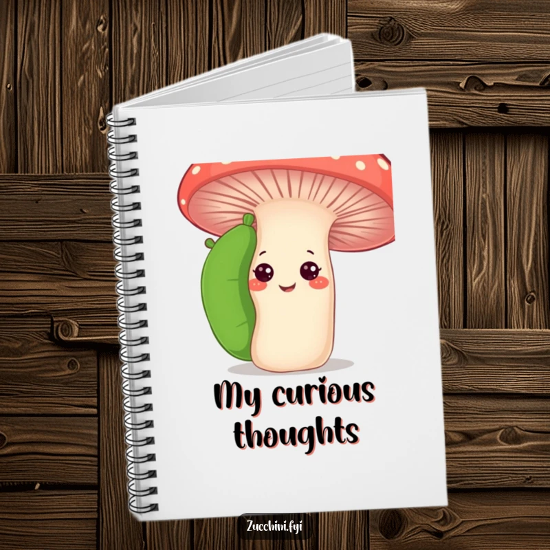 Funny curious zucchini notebook showing a zucchini peeking behind a smiling mushroom for writing and drawing, offering a humorous discovery space.