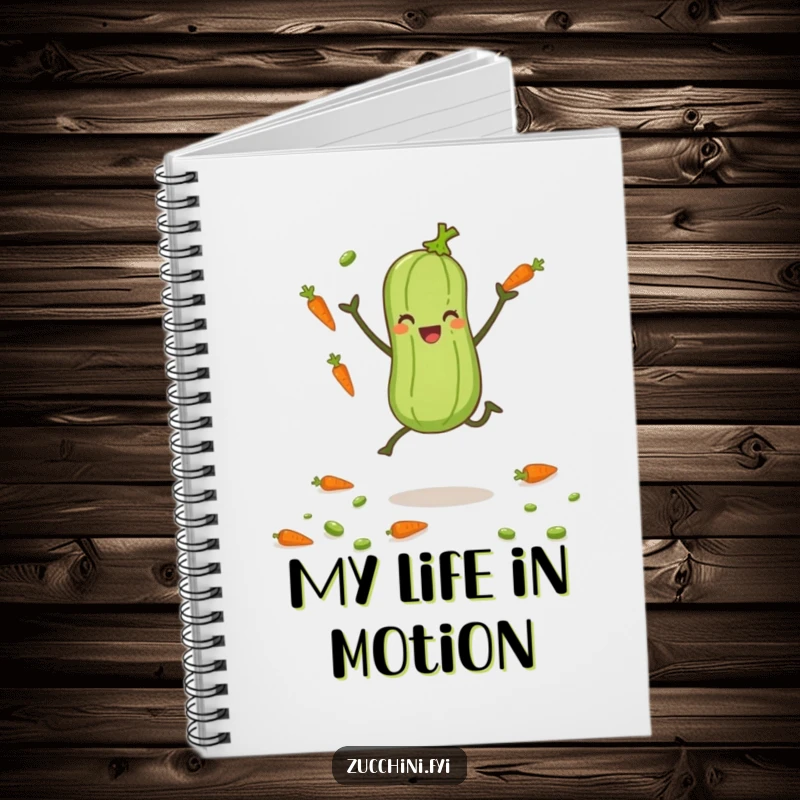 Funny zucchini with tiny legs juggling carrots and peas, a humorous notebook for writing or recipes.