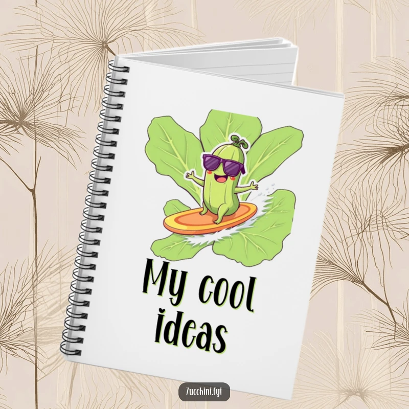 Funny zucchini with sunglasses surfing on a lettuce leaf, a cool notebook for journaling.