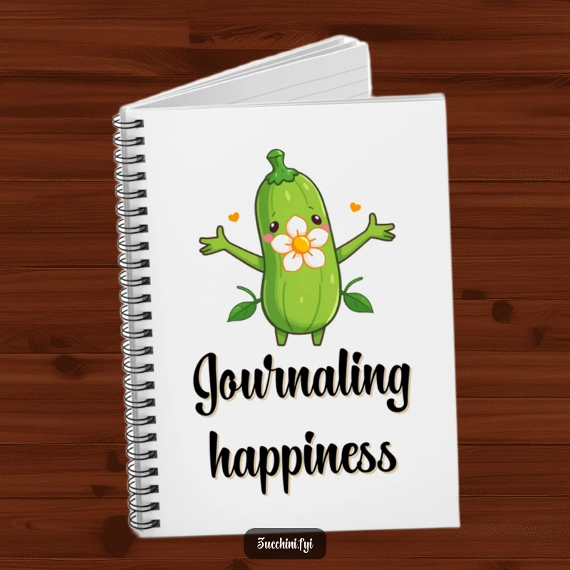 Funny notebook cover illustration of a zucchini with arms outstretched, hugging a blooming flower.