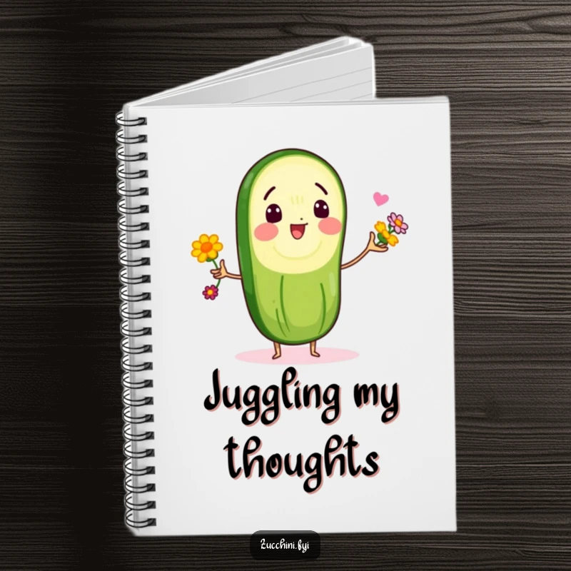 Funny notebook with a cheerful zucchini slice character juggling edible flowers, perfect for capturing funny thoughts and daily plans.