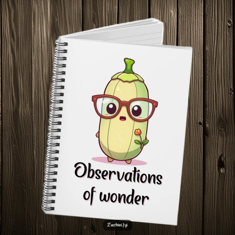 Funny notebook featuring a zucchini in oversized glasses, looking unexpectedly surprised at a small sprout, perfect for jotting down notes and ideas.