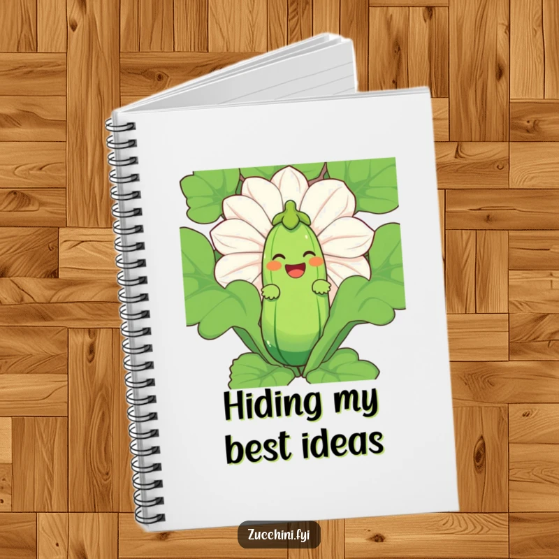 Funny Zucchini Laugh Notebook featuring a laughing zucchini character peeking from behind a giant zucchini blossom.