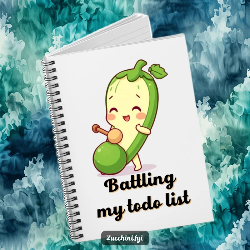 Funny Zucchini Mallet Notebook featuring a zucchini character playfully bopping a mini zucchini with a tiny mallet.