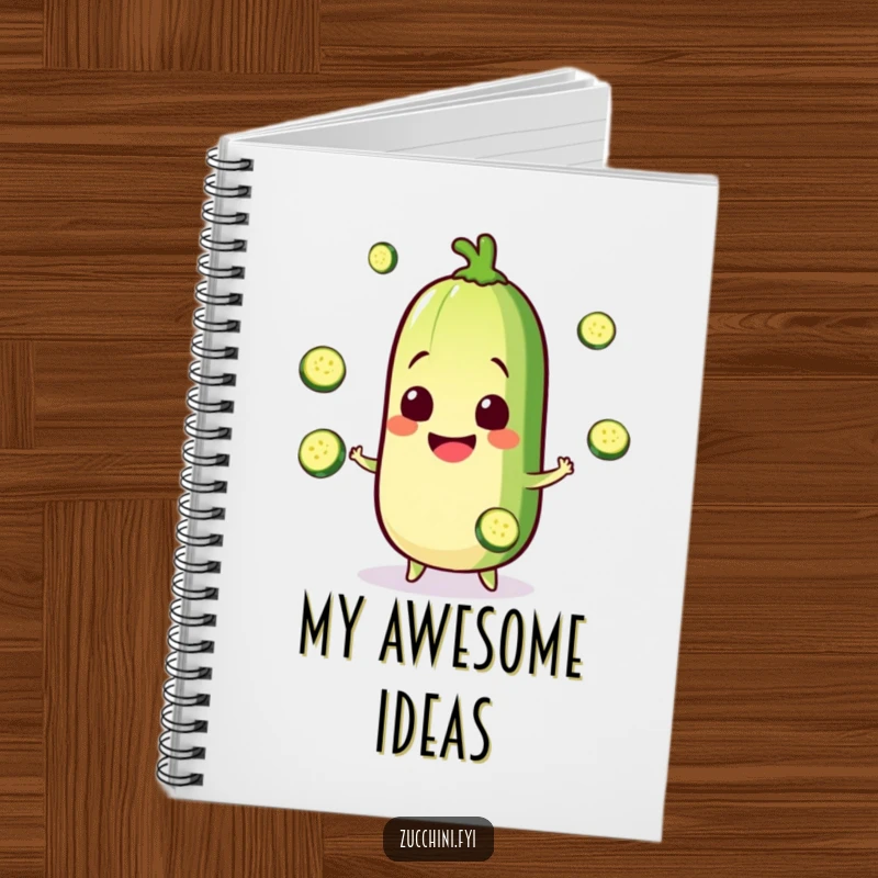 Funny Kawaii zucchini notebook with a happy juggling character, ideal for writing and a humorous, fun gift.