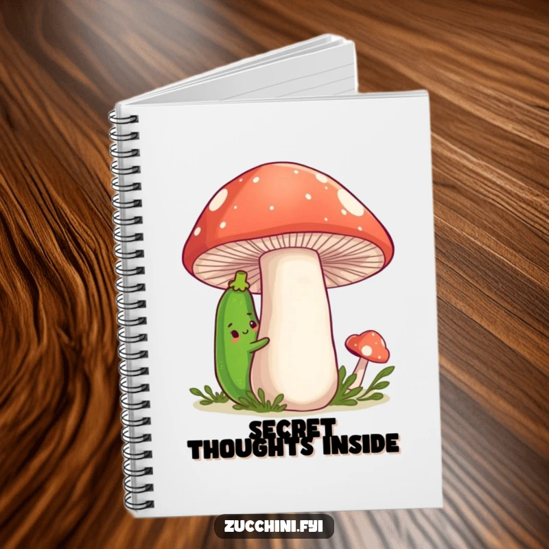 Funny Zucchini Notebook featuring a shy cartoon zucchini peeking from behind a large, friendly mushroom, ideal for journaling quiet thoughts.