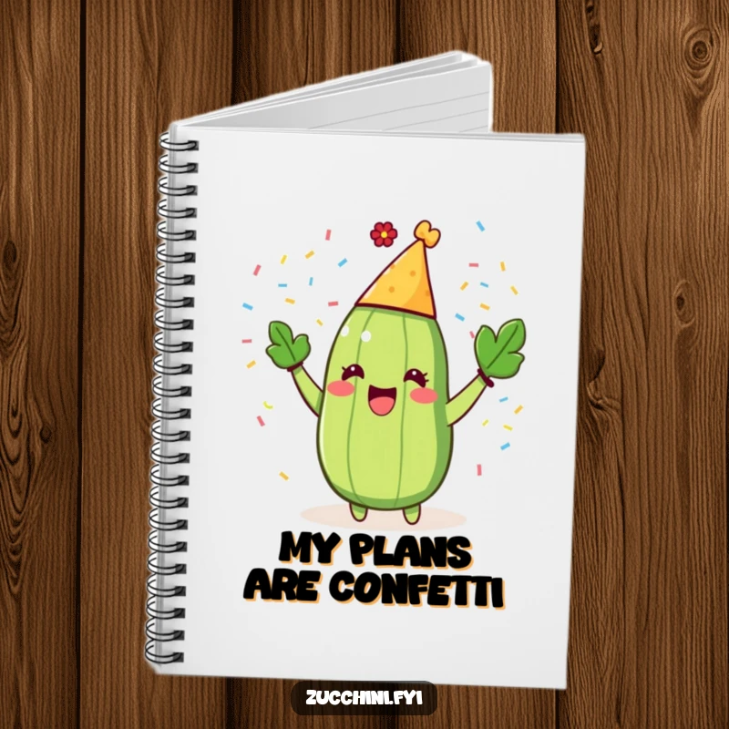 Funny Zucchini Party Notebook featuring a gleeful zucchini in a party hat, with confetti scattered across the cover.