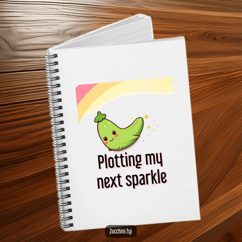 Funny notebook with a zucchini character sliding down a sparkling rainbow, perfect for jotting down funny thoughts or creative ideas.