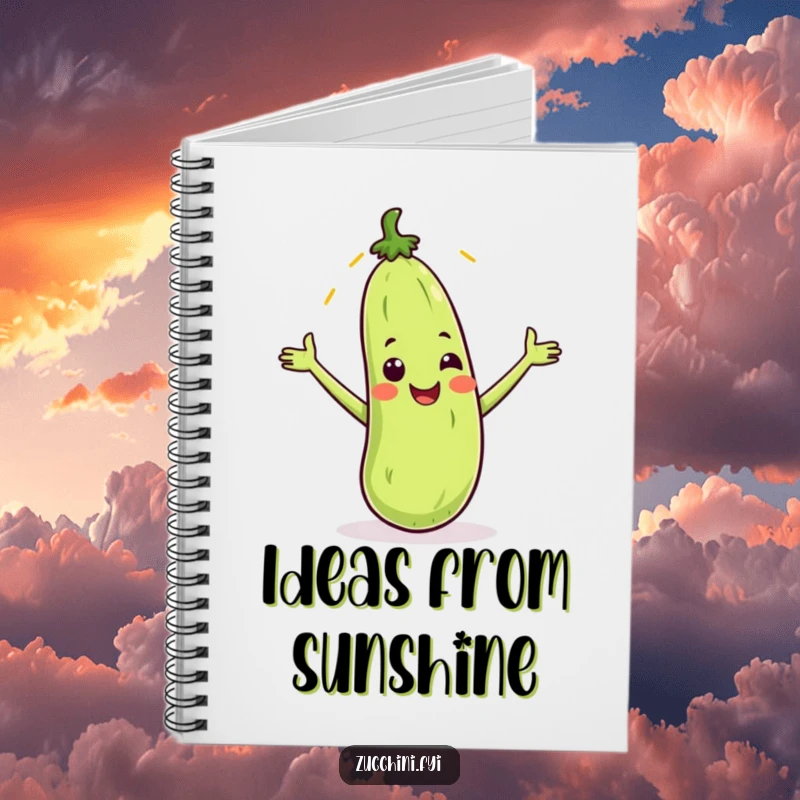 Funny notebook with a smiling zucchini catching a sunbeam, designed for capturing bright ideas with sunny humor.