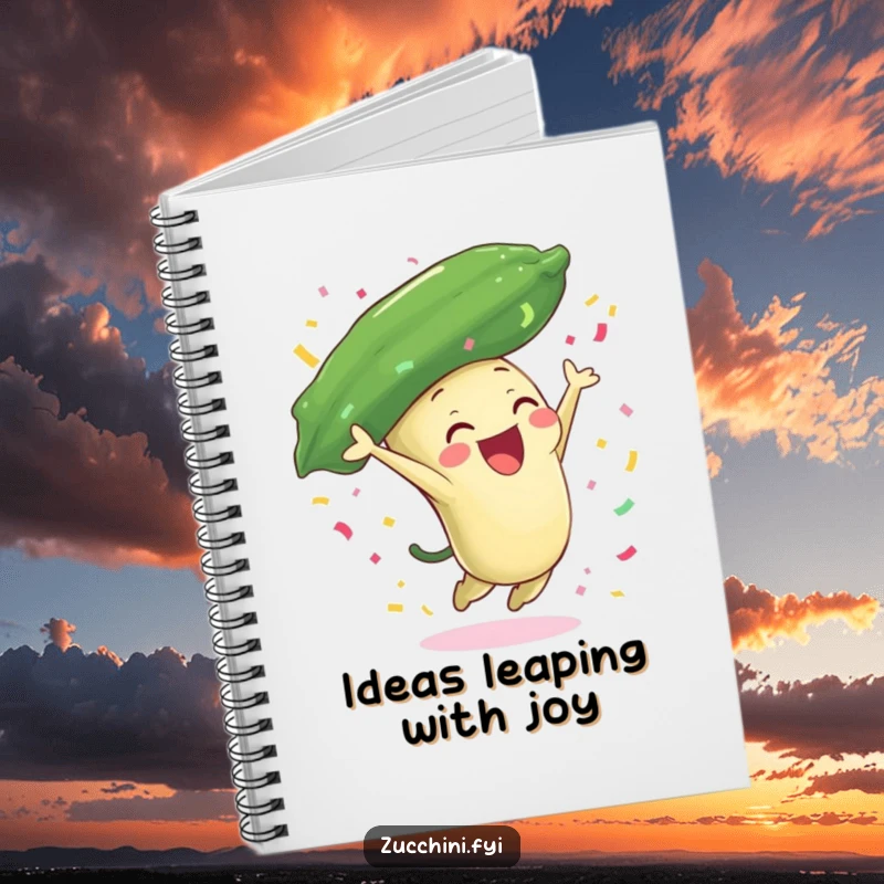 Funny zucchini notebook with a joyful zucchini character leaping and showering confetti, perfect for jotting down festive and humorous notes.