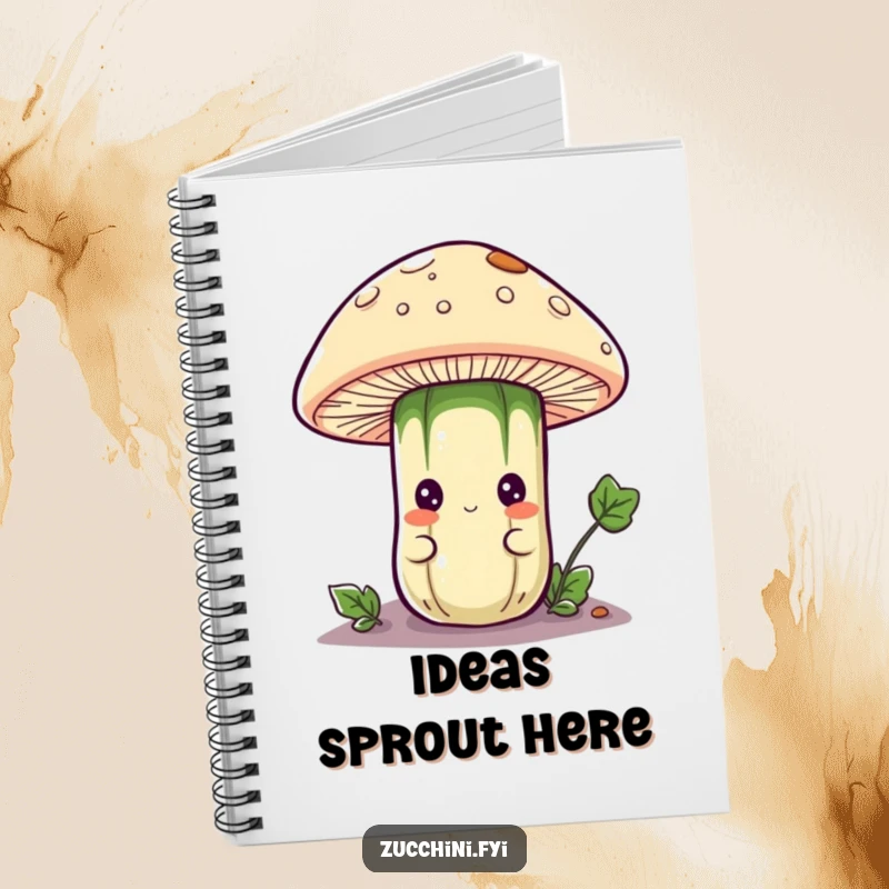 Funny notebook with a curious anthropomorphic zucchini character peeking from under a mushroom cap, ideal for jotting down notes, ideas, or secret thoughts.